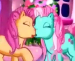 Size: 294x237 | Tagged: safe, screencap, minty, sparkleworks, earth pony, pony, g3, positively pink, animation error, cropped, cute, duo, eyes closed, female, mare, mintabetes, out of context, shipping fuel, sparklebetes