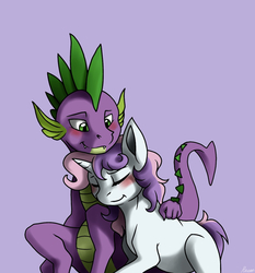 Size: 1024x1099 | Tagged: safe, artist:whitepone, spike, sweetie belle, dragon, pony, g4, :t, blushing, cuddling, cute, eyes closed, fangs, female, hug, male, ship:spikebelle, shipping, simple background, smiling, snuggling, straight
