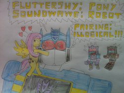 Size: 1024x765 | Tagged: safe, artist:thesinreaper, fluttershy, g4, frenzy, rumble (transformers), soundwave, traditional art, transformers