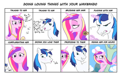 Size: 2080x1300 | Tagged: safe, artist:varemia, princess cadance, shining armor, oc, oc:anon, alicorn, human, pony, unicorn, g4, ahegao, bedroom eyes, blushing, brush, brushie, comic, controller, doing loving things, drool, female, flying, frown, glare, grin, gritted teeth, implied bisexual, looking at you, love, magic, male, mare, meme, open mouth, polyamory, polygamy, riding, smiling, stallion, telekinesis, waifbando, wide eyes