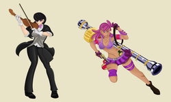 Size: 4500x2701 | Tagged: safe, artist:sonson-sensei, berry punch, berryshine, octavia melody, human, g4, action pose, belly button, gun, humanized, midriff, one piece