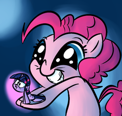 Size: 628x600 | Tagged: safe, artist:rustydooks, artist:tess, pinkie pie, twilight sparkle, g4, floppy ears, frown, grin, micro, sitting, smiling, squee, take this, tiny ponies, wide eyes