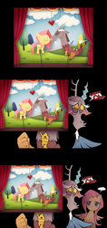 Size: 945x2000 | Tagged: safe, artist:raichi, discord, fluttershy, g4, ..., blushing, caught, chu, comic, cute, discute, embarrassed, female, fluttershy is not amused, male, puppet, puppet theater, ship:discoshy, shipping, straight, unamused