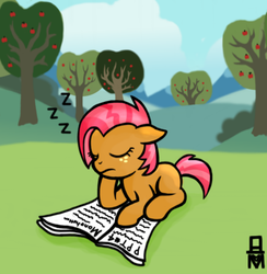 Size: 419x430 | Tagged: safe, artist:mangameister, babs seed, g4, female, newspaper, sleeping, solo, zzz