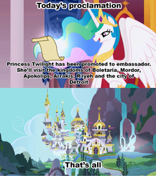 Size: 1021x1149 | Tagged: safe, princess celestia, g4, celestia's proclamation, dc comics, demon souls, detroit, dune, lord of the rings, lovecraft, meme, misspelling, mordor, trollestia