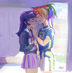 Size: 951x957 | Tagged: safe, artist:ddhew, rainbow dash, twilight sparkle, human, g4, blushing, book, chin up, clothes, duo, female, glasses, humanized, jersey, lesbian, lockers, school uniform, ship:twidash, shipping, smirk