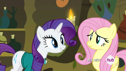 Size: 1270x717 | Tagged: safe, screencap, fluttershy, rarity, filli vanilli, g4, all new, hub logo, scrunchy face