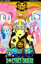 Size: 806x1260 | Tagged: safe, artist:droll3, pinkie pie, rainbow dash, g4, bepo, crossover, dynamic dash, fanfic art, hilarious in hindsight, one piece, pinkamena diane pie, ponified, role reversal, trafalgar d. water law