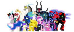 Size: 1600x700 | Tagged: safe, alula, discord, lord tirek, nightmare moon, pluto, princess cadance, princess celestia, princess erroria, princess luna, princess skyla, queen chrysalis, twilight sparkle, oc, oc:fausticorn, oc:niggertron, oc:nyx, oc:tiara ultima, oc:ticket, alicorn, centaur, changeling, changeling queen, draconequus, pony, taur, g4, 4chan, alicorn oc, female, filly, foal, male, mare, meme, red and black oc, simple background, spread wings, tiara ultima, transparent background, twilight sparkle (alicorn), wings