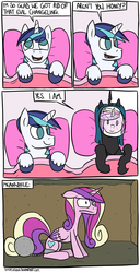 Size: 1000x1952 | Tagged: safe, artist:timsplosion, princess cadance, queen chrysalis, shining armor, alicorn, changeling, changeling queen, pony, unicorn, comic:shining armor is a goddamn moron, g4, alternate scenario, annoyed, bad end, ball and chain, bed, chains, comic, dark comedy, disguise, disguised changeling, fake cadance, female, floppy ears, frown, glare, male, mare, mask, no pupils, on back, open mouth, paper-thin disguise, shining armor is a goddamn moron, sitting, smiling, speech bubble, spy, spy (tf2), stallion, team fortress 2, wide eyes