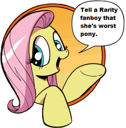 Size: 425x431 | Tagged: safe, idw, fluttershy, friendship is magic #3, g4, my little pony: friendship is magic (idw), bad advice fluttershy, brony, exploitable meme, fanboy, female, implied rarity, meme, op is a duck, solo, this will end in death, troll