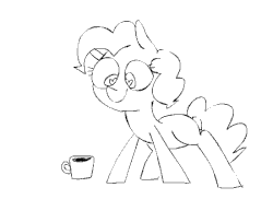 Size: 550x400 | Tagged: source needed, safe, artist:meowing-ghost, pinkie pie, earth pony, pony, g4, animated, coffee, female, heart eyes, monochrome, pinkie found the coffee, solo, vibrating, wingding eyes, xk-class end-of-the-world scenario