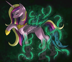 Size: 1871x1617 | Tagged: safe, artist:risketch, queen chrysalis, changeling, changeling queen, g4, character to character, disguise, disguised changeling, evil smirk, fake cadance, female, mid-transformation, solo, transformation