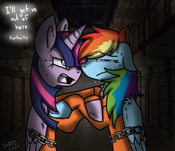 Size: 946x814 | Tagged: dead source, safe, artist:thewolfofdark, rainbow dash, twilight sparkle, alicorn, pony, bound wings, chains, clothes, crying, duo, female, mare, prison, prison outfit, prisoner, prisoner rd, prisoner ts, sad, twilight sparkle (alicorn)