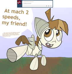 Size: 1280x1316 | Tagged: safe, artist:fillerartist, featherweight, robot, g4, ask, featherbot, featherbot answers, fine print, male, raised leg, roboticization, running, solo, speed, tumblr