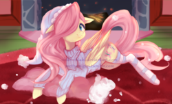 Size: 1000x607 | Tagged: safe, artist:chokico, fluttershy, pegasus, pony, g4, bottomless, clothes, cottagecore, cute, female, fireplace, floppy ears, hair over one eye, hat, looking at you, lying, mare, nightcap, obtrusive watermark, partial nudity, pillow, shyabetes, smiling, smiling at you, socks, solo, striped socks, stupid sexy fluttershy, sweater, sweatershy, watermark