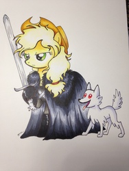 Size: 2448x3264 | Tagged: safe, artist:catscratchpaper, applejack, winona, dire wolf, werewolf, g4, filly, game of thrones, ghost (got), high res, jon snow, traditional art