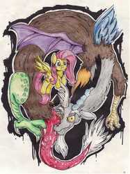 Size: 1784x2384 | Tagged: safe, artist:ilacavgbmjc, discord, fluttershy, g4, female, male, ship:discoshy, shipping, straight, traditional art