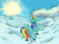 Size: 1350x1020 | Tagged: safe, artist:ariah101, rainbow dash, pegasus, pony, g4, back, butt, cloud, cloudy, female, flying, mare, plot, solo