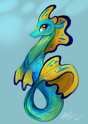 Size: 1000x1400 | Tagged: safe, artist:elbdot, oc, oc only, merpony, sea pony, seahorse, g4, blue background, crepuscular rays, cute, dorsal fin, eyelashes, fin, fins, fish tail, floppy ears, flowing mane, flowing tail, gills, lidded eyes, looking at you, ocean, orange eyes, scales, signature, simple background, smiling, smiling at you, solo, sunlight, swimming, tail, traditional art, underwater, water, yellow mane, yellow tail