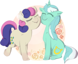 Size: 711x580 | Tagged: safe, artist:felinecasanova, bon bon, lyra heartstrings, sweetie drops, earth pony, pony, unicorn, g4, abstract background, eyes closed, female, happy, lesbian, ship:lyrabon, shipping, smiling