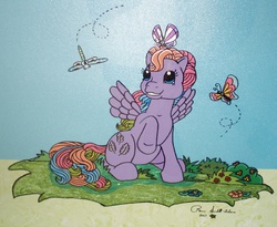 Size: 750x614 | Tagged: safe, artist:lilsugarberry, tickle (g1), butterfly, dragonfly, insect, pegasus, pony, g1, animation cel, bush, female, flower, grass, mare, raised hoof, signature, sitting, smiling, traditional art