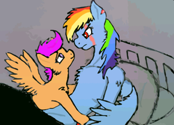 Size: 951x682 | Tagged: safe, artist:deadfactory-rd-brony, rainbow dash, scootaloo, semi-anthro, fanfic:rainbow factory, g4, bed, bedroom eyes, chest fluff, duo, fanfic art, female, lesbian, looking at each other, looking at someone, rainbow factory dash, scar, ship:scootadash, shipping