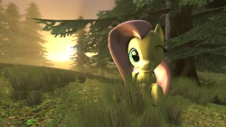 Size: 1920x1080 | Tagged: safe, artist:funsketch, fluttershy, g4, 3d, cute, depth of field, female, forest, grass, grin, looking at you, relaxing, sitting, smiling, solo, source filmmaker, sunset, tree, wink