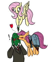 Size: 835x1007 | Tagged: artist needed, safe, fluttershy, scootaloo, oc, oc:anon, g4, blushing, heart, holly, holly mistaken for mistletoe, jetpack, kissing, scootaloo can fly, smooch