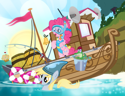 Size: 900x695 | Tagged: safe, artist:pixelkitties, derpy hooves, gummy, pinkie pie, earth pony, pegasus, pony, g4, barrel, boat, bucket, clothes, female, food, goggles, mare, muffin, one-piece swimsuit, shark fin, snorkel, swimsuit
