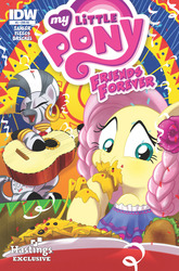 Size: 843x1280 | Tagged: safe, artist:amy mebberson, idw, fluttershy, zecora, zebra, friends forever, g4, braid, clothes, comic, confetti, cover, cute, dress, fiesta, guitar, guitarron, hastings, mariachi, messy eating, mexico, nachos, party, puffy cheeks, rose, taco, zecorable