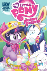 Size: 843x1280 | Tagged: safe, artist:amy mebberson, idw, angel bunny, shining armor, twilight sparkle, alicorn, pony, g4, my little pony: friends forever, bunny ears, comic, cover, easter, easter egg, female, hastings, hat, mare, sun hat, twilight sparkle (alicorn)