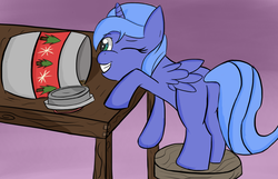 Size: 1652x1061 | Tagged: safe, artist:flutteriot, princess luna, g4, cookie jar, female, filly, solo, woona