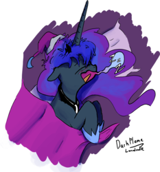 Size: 1280x1375 | Tagged: safe, artist:darkflame75, princess luna, lunadoodle, g4, blanket, drool, female, hat, nightcap, open mouth, pillow, sleeping, snoring, solo, zzz