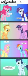 Size: 800x2153 | Tagged: safe, artist:umneem, applejack, fluttershy, pinkie pie, rainbow dash, rarity, soarin', twilight sparkle, alicorn, earth pony, pegasus, pony, unicorn, g4, comic, female, mane six, mare, mrp:sputnik, twilight sparkle (alicorn)