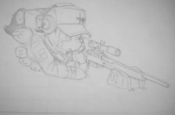 Size: 3023x2000 | Tagged: safe, artist:sturmrauzer, oc, oc only, oc:windhover, high res, monochrome, simple background, sketch, sniper, solo, traditional art, weapon