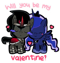 Size: 627x655 | Tagged: safe, artist:nidrax, king sombra, princess luna, alicorn, pony, unicorn, g4, blushing, chibi, couple, cute, eyes closed, heart, lunabetes, ship:lumbra, shipping, simple background, sombradorable, valentine, valentine's day