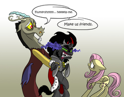 Size: 2126x1679 | Tagged: safe, artist:assassin-or-shadow, discord, fluttershy, king sombra, pony, g4, cute, dialogue, holding a pony, simple background, sombradorable, speech bubble
