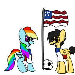 Size: 3000x3000 | Tagged: safe, artist:flowersproutsthepony, rainbow dash, oc, oc:pika, g4, duo, fifa, flag, football, high res, simple background, transparent background, united states, world cup, world cup 2014