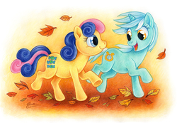 Size: 1000x690 | Tagged: safe, artist:macgreen, bon bon, lyra heartstrings, sweetie drops, earth pony, pony, unicorn, g4, autumn, bon bon is amused, duo, leaves, looking at each other, running, running of the leaves, smiling, traditional art