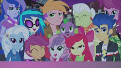 Size: 637x356 | Tagged: safe, screencap, big macintosh, cheerilee, dj pon-3, flash sentry, granny smith, princess luna, scootaloo, spike, sweetie belle, trixie, vice principal luna, vinyl scratch, dog, equestria girls, g4, my little pony equestria girls: rainbow rocks, perfect day for fun, spike the dog