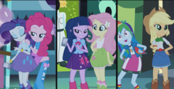 Size: 1366x706 | Tagged: safe, screencap, applejack, fluttershy, pinkie pie, rainbow dash, rarity, twilight sparkle, equestria girls, g4, my little pony equestria girls: rainbow rocks, perfect day for fun, boots, bracelet, clothes, context is for the weak, female, high heel boots, jewelry, mane six, polka dot socks, rainbow socks, skirt, socks, striped socks