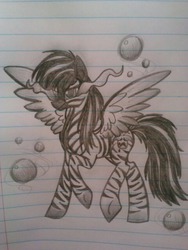 Size: 450x600 | Tagged: safe, artist:zigragirl, oc, oc only, oc:trickplay, pegasus, pony, zebra, zebrasus, antagonist, bubble, corrupted, evil, glare, glowing eyes, irc, lined paper, looking at you, male, monochrome, pencil drawing, raised hoof, raised leg, smiling, smirk, solo, spread wings, stallion, traditional art, underhoof, wings