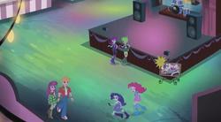 Size: 1267x699 | Tagged: safe, screencap, big macintosh, cheerilee, cherry crash, mystery mint, pinkie pie, rarity, equestria girls, g4, my little pony equestria girls: rainbow rocks, perfect day for fun, background human, balloon, boots, clothes, high heel boots, skirt