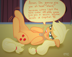 Size: 743x588 | Tagged: safe, artist:mcponyponypony, applejack, g4, barn, collar, dialogue, female, on back, solo, unamused