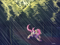 Size: 1280x960 | Tagged: safe, artist:lumineko, fluttershy, g4, 30 minute art challenge, blushing, female, floppy ears, looking back, open mouth, rain, running, solo