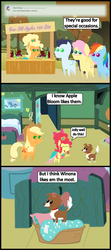 Size: 1048x2352 | Tagged: safe, artist:bronybyexception, apple bloom, applejack, fluttershy, rainbow dash, soarin', winona, dog, earth pony, pegasus, pony, ask honest applejack, g4, adorabloom, applejewel, bed, blushing, butterscotch, clothes, comic, cute, dress, eyeshadow, implied lesbian, implied rarijack, implied shipping, jewel bloom, like sister like sister, looking at someone, makeup, pointy ponies, red mane, rule 63, smiling, smiling at someone