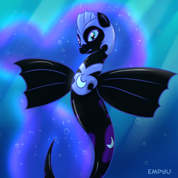 Size: 1000x1000 | Tagged: safe, artist:empyu, nightmare moon, princess luna, alicorn, sea pony, g4, blue eyes, blue mane, blue tail, bubble, crepuscular rays, dorsal fin, ethereal mane, ethereal tail, female, fin, fin wings, fins, fish tail, flowing mane, flowing tail, helmet, jewelry, mare, ocean, peytral, regalia, scales, seaponified, seapony nightmare moon, solo, sparkles, species swap, starry mane, starry tail, stars, sunlight, swimming, tail, underwater, water, wings