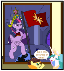 Size: 518x578 | Tagged: safe, artist:hatlessgentleman, carrot top, golden harvest, nightmare moon, princess celestia, twilight sparkle, g4, element of magic, flag, horrified, solar empire, stained glass