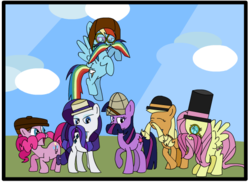 Size: 550x400 | Tagged: safe, artist:hatlessgentleman, applejack, fluttershy, pinkie pie, rainbow dash, rarity, twilight sparkle, g4, mane six, mousdash, moustache, warfstache